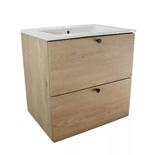 Dulap pentru lavoar Beti 60 cm cu chiuvetă ceramică, fronturi netede Stejar Cremona, 2 sertare Soft-Close, mânere metalice aurii sau negre.