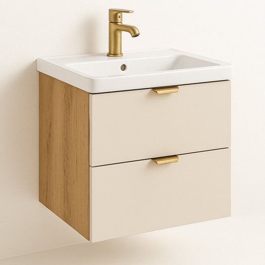 Dulap pentru lavoar Orio 60 cm cu chiuvetă ceramică, fronturi Cășmir, corp Stejar Artisan, 2 sertare Soft-Close, mânere aurii sau negre.
