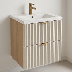 Dulap cu chiuvetă Willy 60 cm Cașmir/Nuc cu fronturi striate și chiuvetă ceramică – mobilier modern și spațios pentru baie.