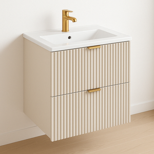 Dulap cu chiuvetă Willy 60 cm Cașmir cu fronturi striate și chiuvetă ceramică – mobilier de baie modern, elegant și practic.