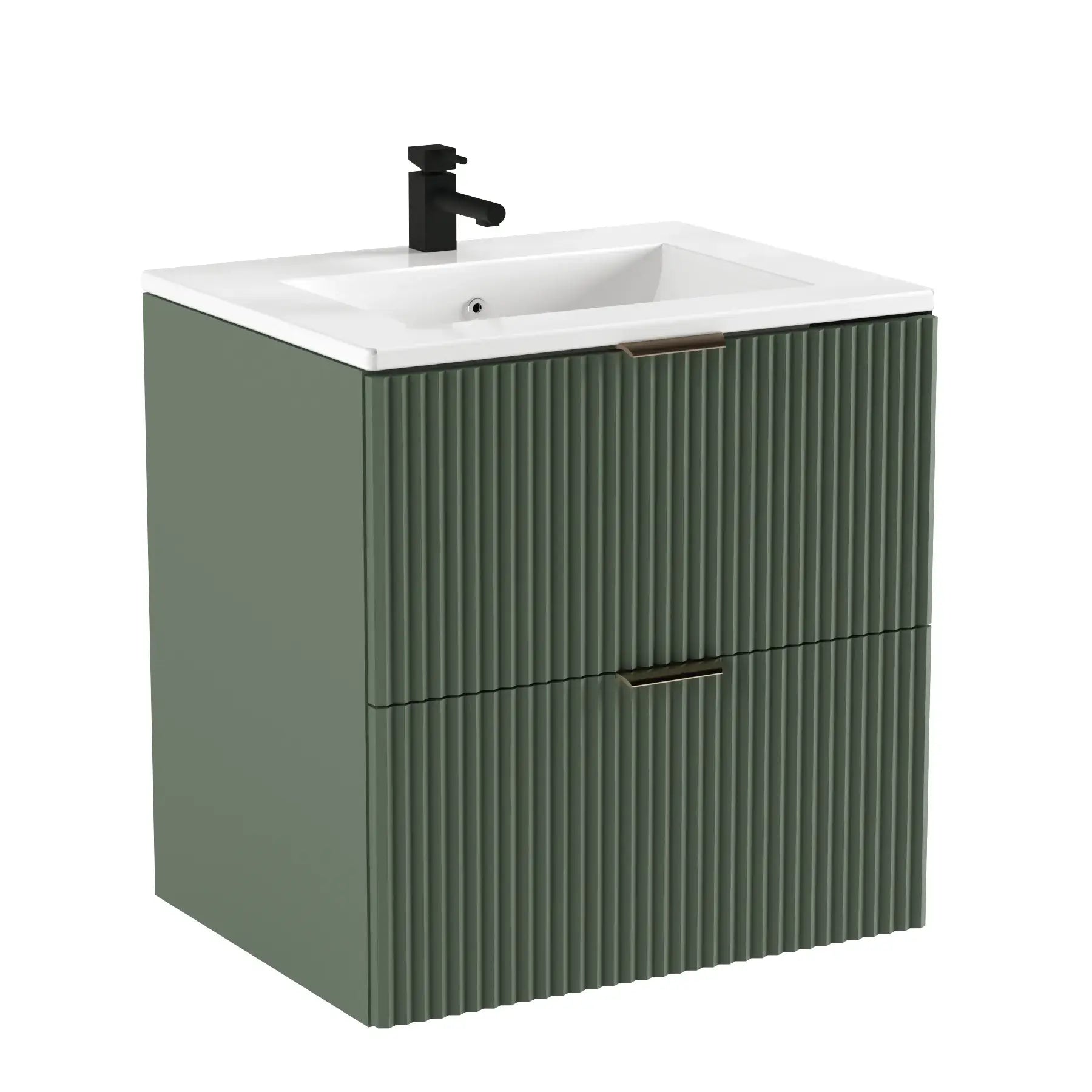 Dulap cu chiuvetă Willy 60 cm verde salvie/nuc cu fronturi striate și chiuvetă ceramică – mobilier modern, elegant și practic pentru baie.