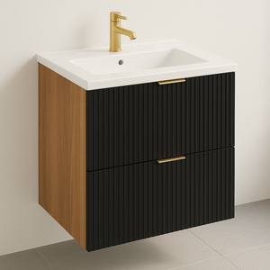 Dulap cu chiuvetă Willy 60 cm Negru/Nuc cu fronturi striate și raft deschis – mobilier de baie modern și funcțional cu chiuvetă ceramică.