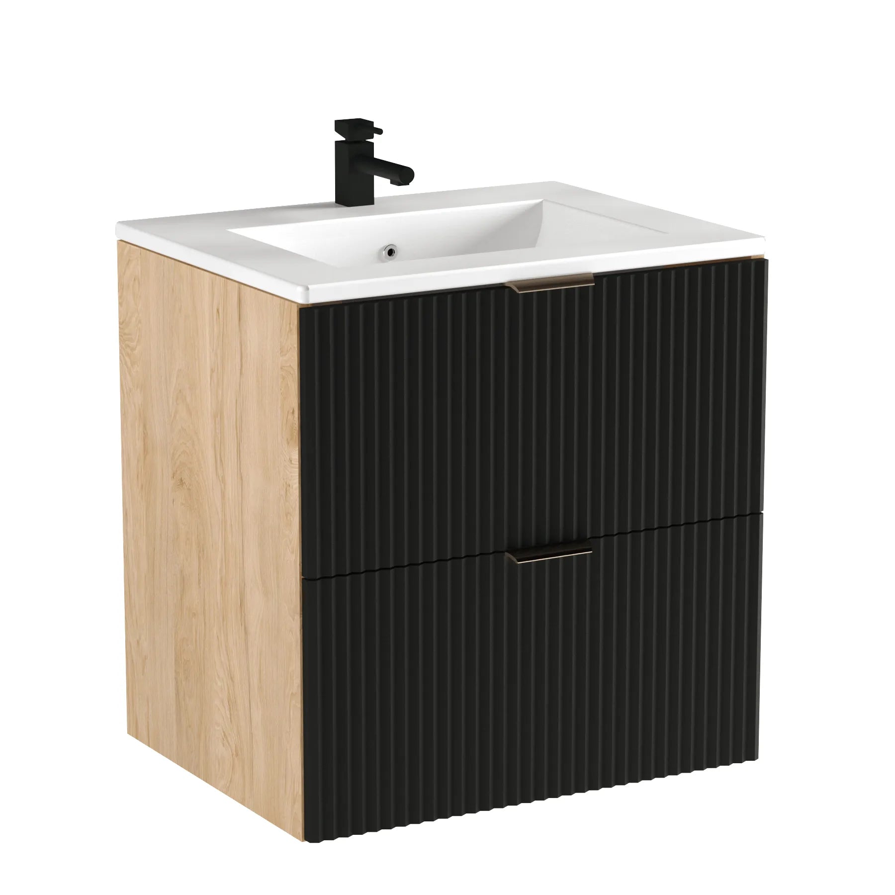 Dulap pentru lavoar 60 cm cu chiuveta, 2 sertare, fronturi canelate Willy - Negru/Nuc