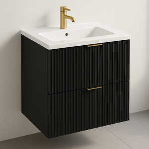 Dulap cu chiuvetă Willy 60 cm negru cu fronturi striate și chiuvetă ceramică – mobilier modern, compact și elegant pentru baie.