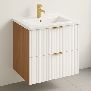 Dulap cu chiuvetă Willy 60 cm alb/nuc cu fronturi striate și chiuvetă ceramică – mobilier modern și elegant pentru baie.
