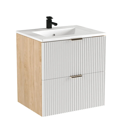 Dulap pentru lavoar 60 cm cu chiuveta, 2 sertare, fronturi canelate Willy - Alb/Nuc