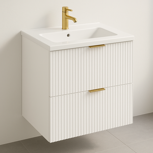 Dulap cu chiuvetă Willy 60 cm alb cu fronturi striate și chiuvetă ceramică – mobilier modern, elegant și funcțional pentru baie.