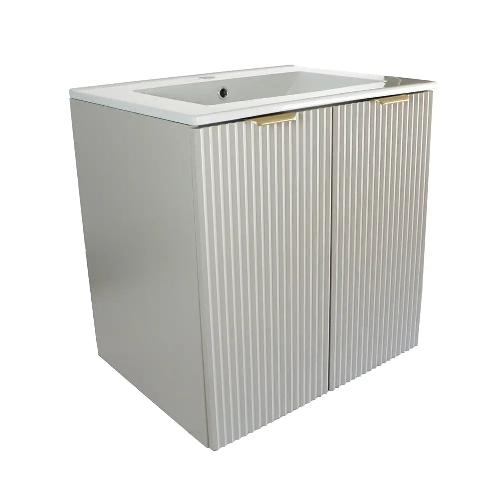 Dulap pentru lavoar Willy 60 cm Cășmir cu uși striate, chiuvetă ceramică și mânere metalice negre sau aurii.