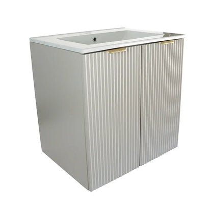 Dulap pentru lavoar Willy 60 cm Cășmir cu uși striate, chiuvetă ceramică și mânere metalice negre sau aurii.