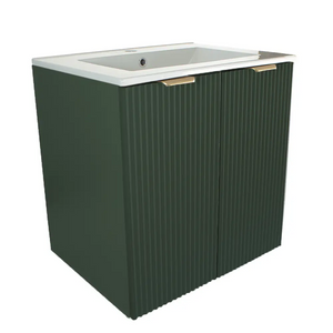 Dulap pentru lavoar Willy 60 cm Salvie cu 2 uși canelate, chiuvetă ceramică și mânere metalice negre sau aurii.