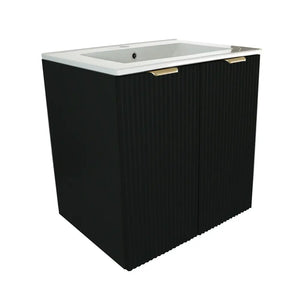 Dulap pentru lavoar Willy negru 60 cm cu lavoar ceramic integrat și fronturi verticale striate.