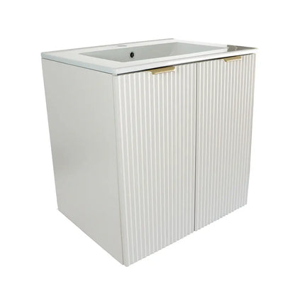 Dulap pentru lavoar Willy alb 60 cm cu lavoar ceramic și fronturi verticale striate.