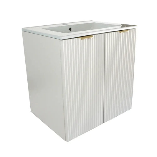 Dulap pentru lavoar Willy alb 60 cm cu lavoar ceramic și fronturi verticale striate.