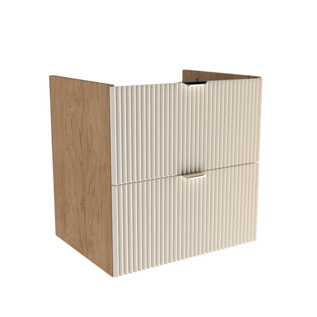 Dulap pentru lavoar 60 cm Willy Casmir/Nuc, cu 2 sertare Soft-Close și fronturi striate, corp decor nuc, mânere aurii sau negre, livrat fără blat.