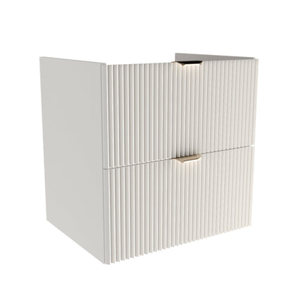 Dulap pentru lavoar 60 cm Willy alb, cu 2 sertare SOFT-CLOSE și fronturi striate, mânere aurii sau negre, livrat fără blat/lavoar, perfect pentru băi moderne.