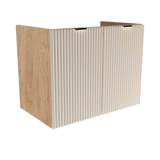 Dulap pentru lavoar 80 cm Willy Casmir/Nuc, cu 2 uși MDF striate și raft interior, mânere aurii sau negre, livrat fără blat, ideal pentru băi moderne și elegante.