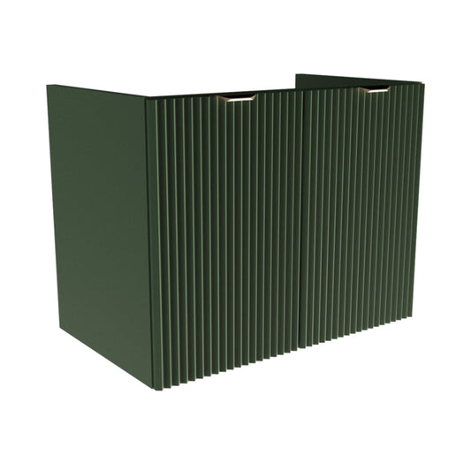 Dulap pentru lavoar 80 cm Willy Salvie Verde, cu 2 uși striate și raft interior, mânere aurii sau negre, livrat fără blat, ideal pentru băi moderne și naturale.