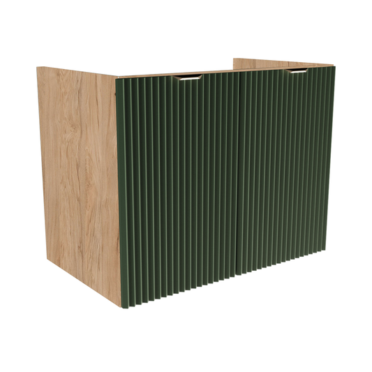 Dulap pentru lavoar 80 cm Willy Salvie Verde/Nuc, cu 2 uși MDF striate și raft interior, mânere aurii sau negre, livrat fără blat, ideal pentru băi moderne și naturale.
