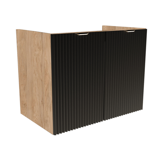 Dulap pentru lavoar 80 cm Willy negru/nuc, cu 2 uși MDF striate și raft interior, mânere aurii sau negre, livrat fără blat, ideal pentru băi moderne și elegante.