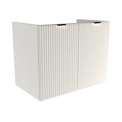 Dulap pentru lavoar 80 cm Willy alb, cu 2 uși MDF striate și raft interior, mânere aurii sau negre, livrat fără blat, ideal pentru băi elegante și spațioase.