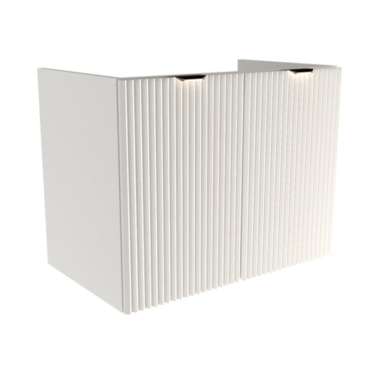 Dulap pentru lavoar 80 cm Willy alb, cu 2 uși MDF striate și raft interior, mânere aurii sau negre, livrat fără blat, ideal pentru băi elegante și spațioase.