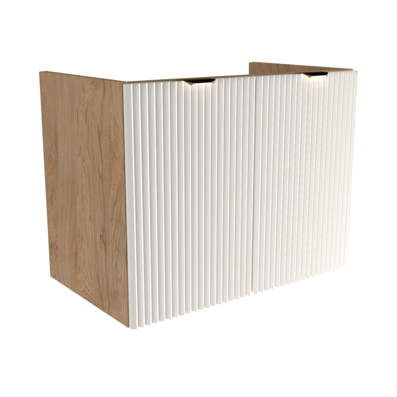 Dulap pentru lavoar 80 cm Willy alb/nuc, cu 2 uși MDF striate și raft interior, mânere aurii sau negre, livrat fără blat, ideal pentru băi moderne și elegante.