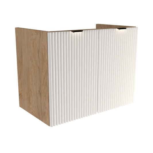 Dulap pentru lavoar 80 cm Willy alb/nuc, cu 2 uși MDF striate și raft interior, mânere aurii sau negre, livrat fără blat, ideal pentru băi moderne și elegante.