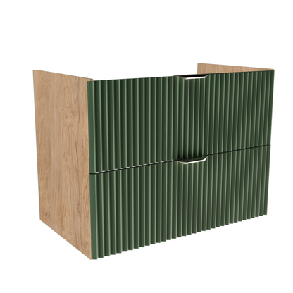 Dulap pentru lavoar 80 cm Willy Salvie Verde/Nuc, cu 2 sertare Soft-Close și fronturi striate, corp decor nuc, mânere aurii sau negre, livrat fără blat.