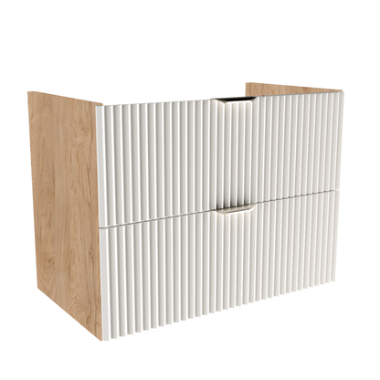 Dulap pentru lavoar 80 cm Willy alb/nuc, cu 2 sertare Soft-Close și fronturi striate, corp decor nuc, mânere aurii sau negre, livrat fără blat.