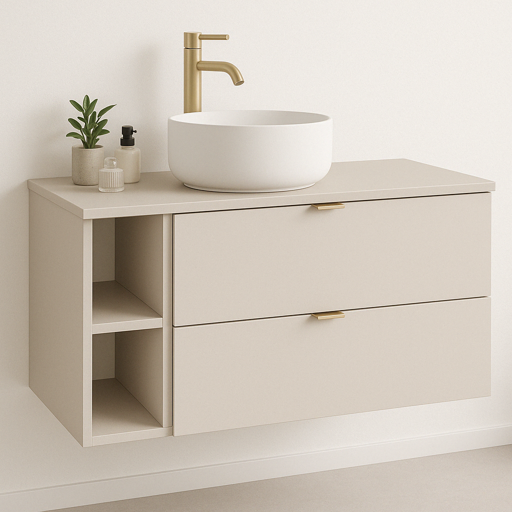 Dulap pentru lavoar Orio 100 cm culoare cășmir, cu două sertare SOFT-CLOSE, raft lateral de 20 cm și mânere aurii elegante.