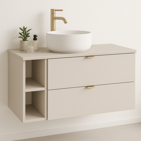 Dulap pentru lavoar Orio 100 cm culoare cășmir, cu două sertare SOFT-CLOSE, raft lateral de 20 cm și mânere aurii elegante.