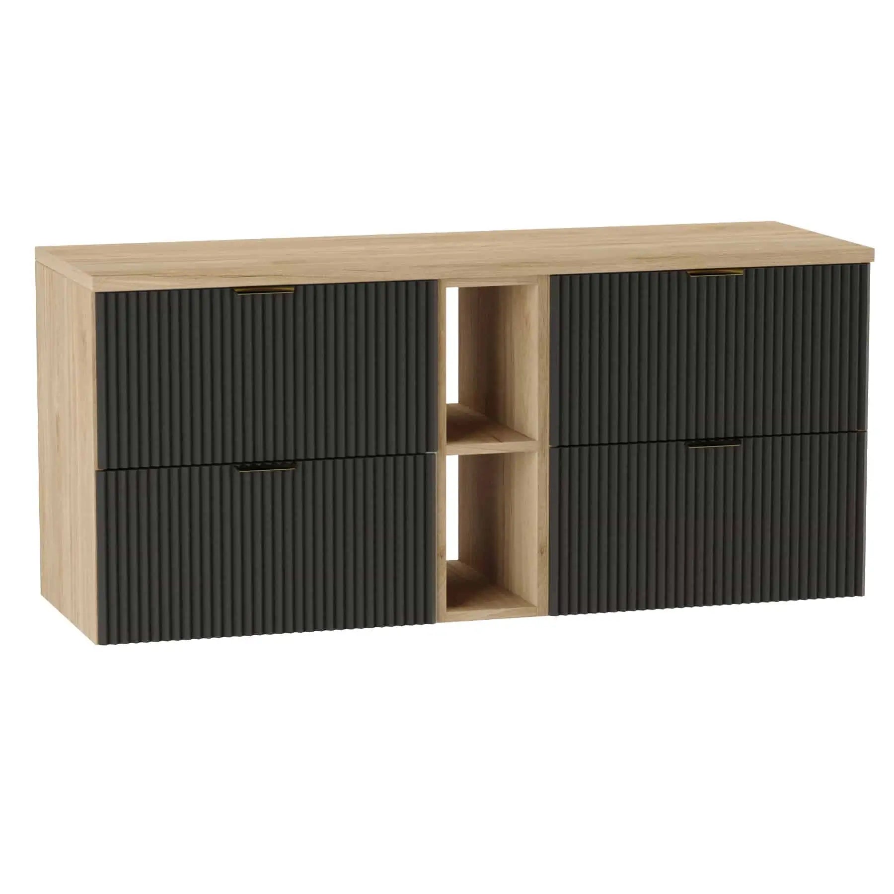 Dulap pentru lavoar 140 cm Willy în negru cu blat din nuc și fronturi riflate – mobilier modern și spațios pentru baie.
