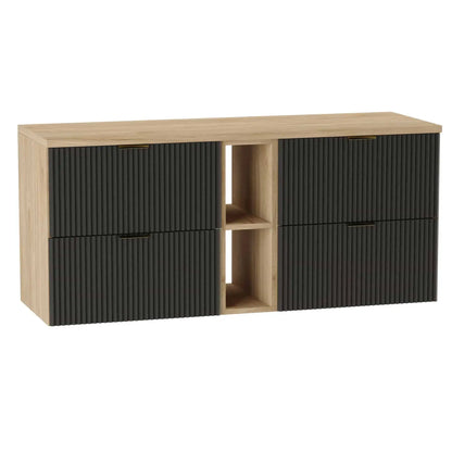 Dulap pentru lavoar 140 cm Willy în negru cu blat din nuc și fronturi riflate – mobilier modern și spațios pentru baie.