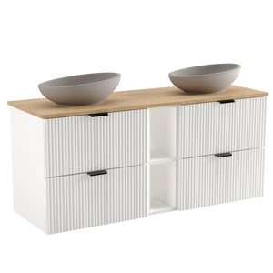 Dulap pentru lavoar 140 cm Willy Alb cu blat Nuc, 2 dulapuri de 60 cm, raft lateral și blat elegant, ideal pentru băi moderne și spațioase.