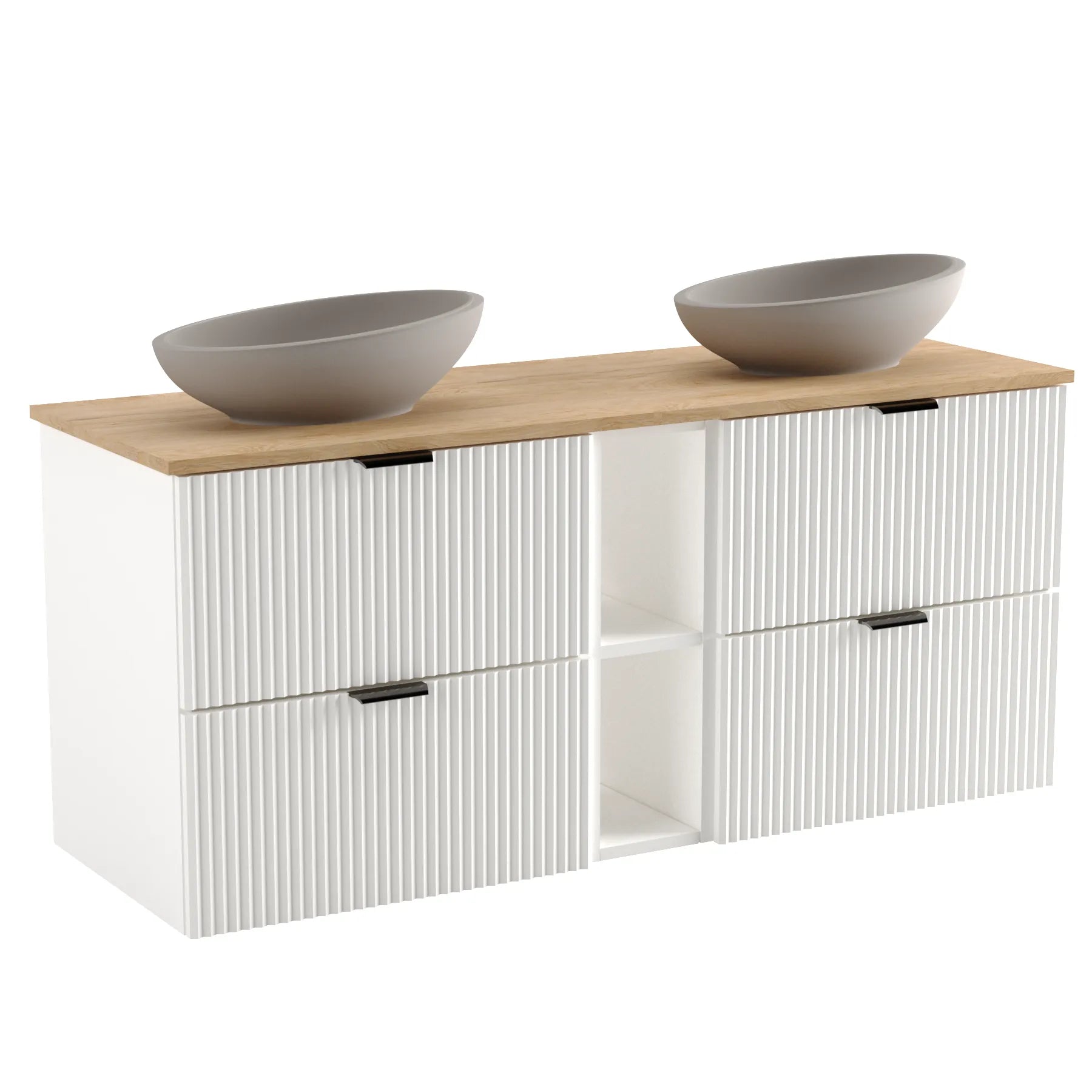 Dulap pentru lavoar 140 cm Willy Alb cu blat Nuc, 2 dulapuri de 60 cm, raft lateral și blat elegant, ideal pentru băi moderne și spațioase.