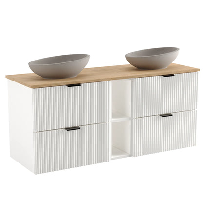 Dulap pentru lavoar 140 cm Willy Alb cu blat Nuc, 2 dulapuri de 60 cm, raft lateral și blat elegant, ideal pentru băi moderne și spațioase.