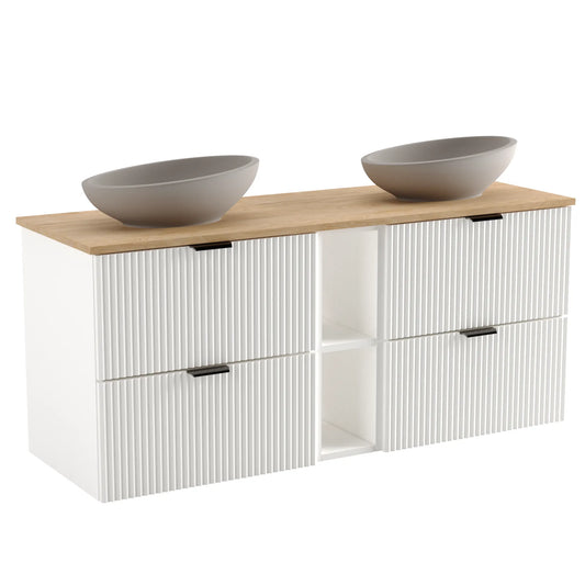 Dulap pentru lavoar 140 cm Willy Alb cu blat Nuc, 2 dulapuri de 60 cm, raft lateral și blat elegant, ideal pentru băi moderne și spațioase.