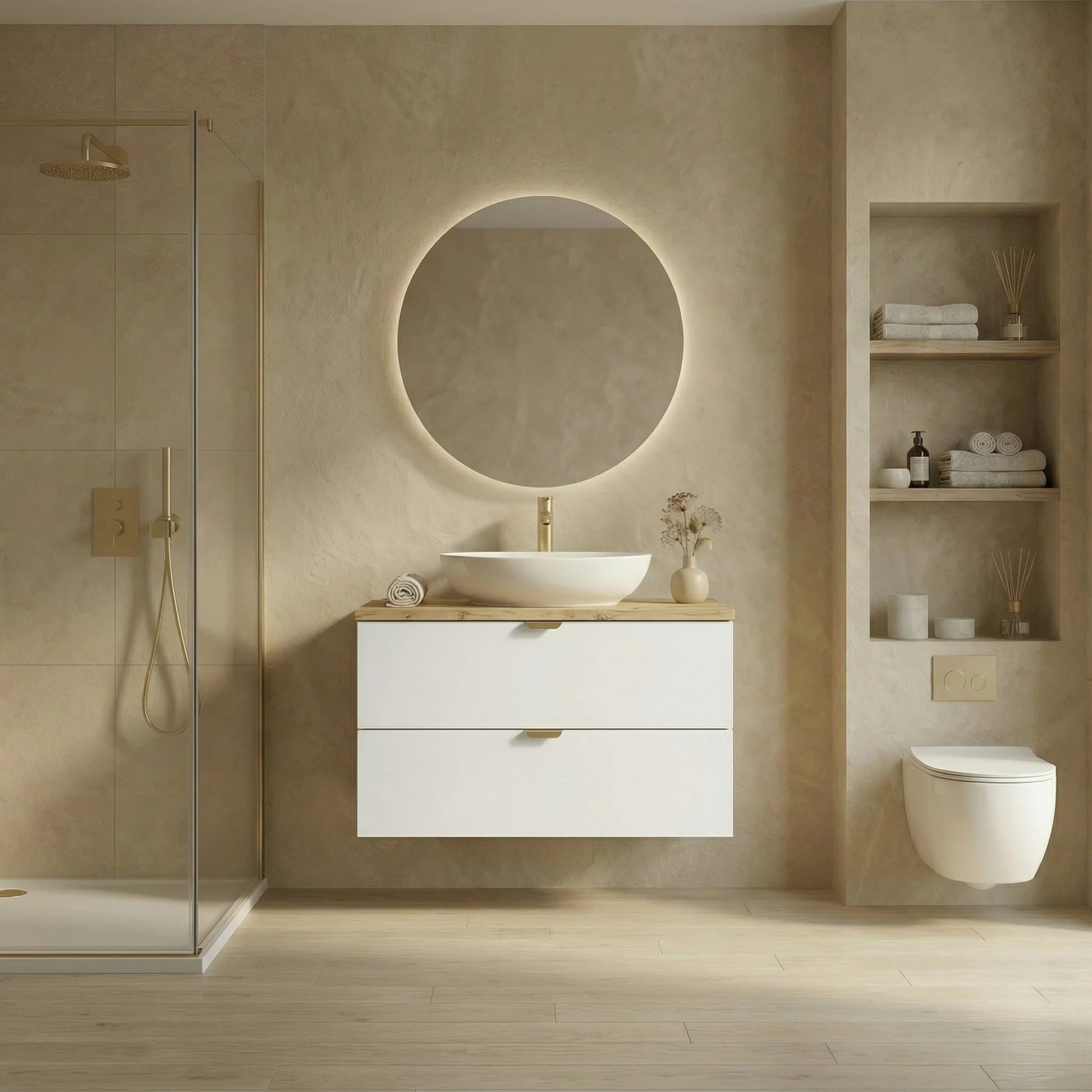Dulap pentru lavoar 80 cm cu 2 sertare, fronturi netede Orio - Alb/Stejar Artizanal