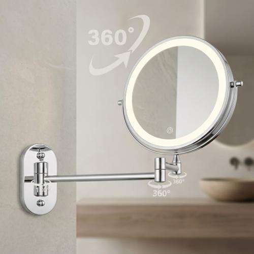 Oglindă cosmetică cu LED-uri pe ambele fețe, pentru montare pe perete - Crom
