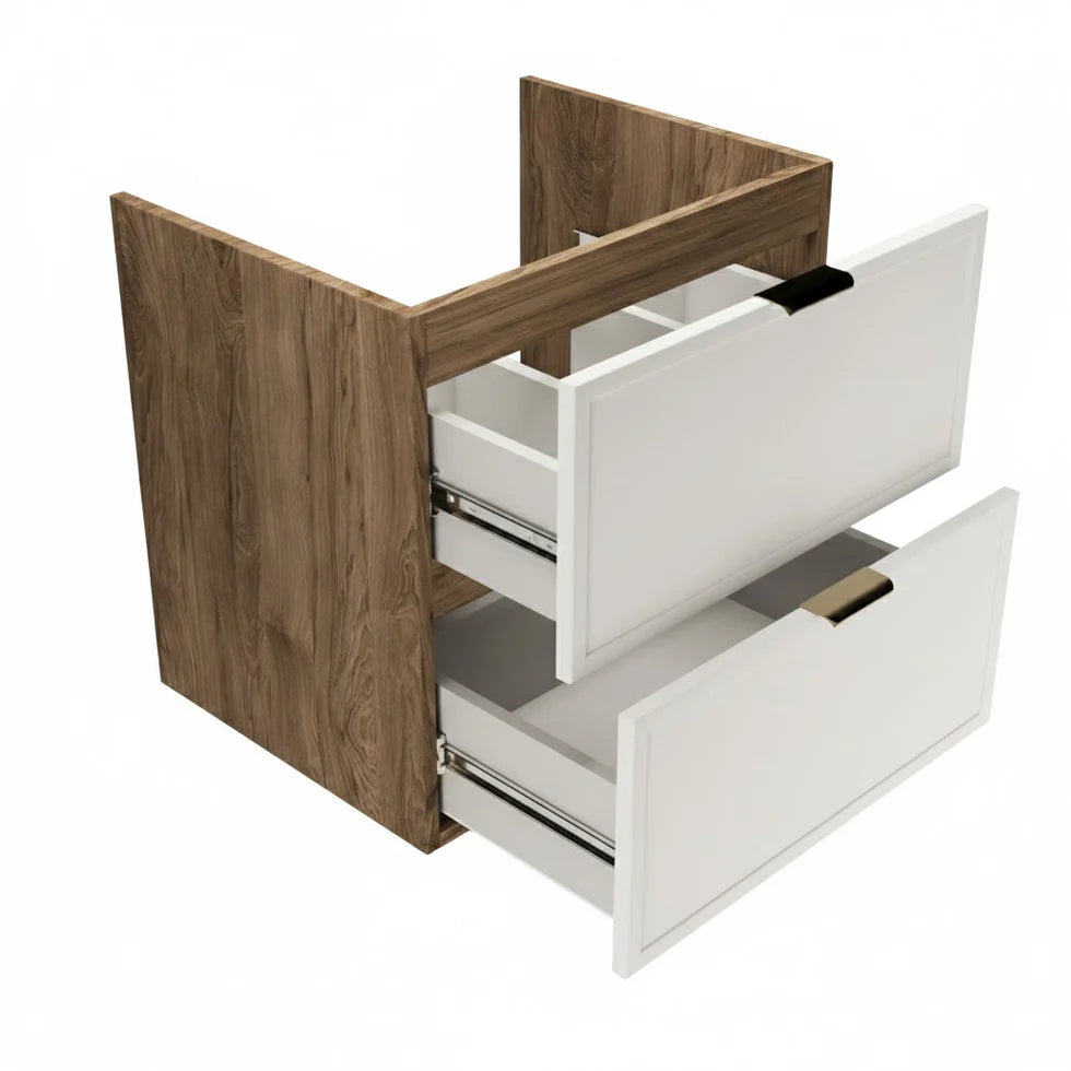 Dulap pentru lavoar 80 cm, 2 sertare, fronturi cu rama decorativa, fara blat Roma - Alb/Nuc inchis