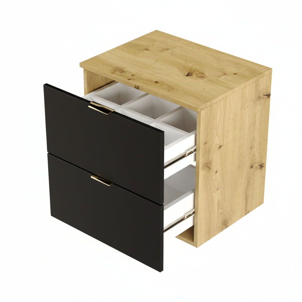 Dulap pentru lavoar 60 cm cu 2 sertare, fronturi netede Orio - Negru/Stejar Artizanal
