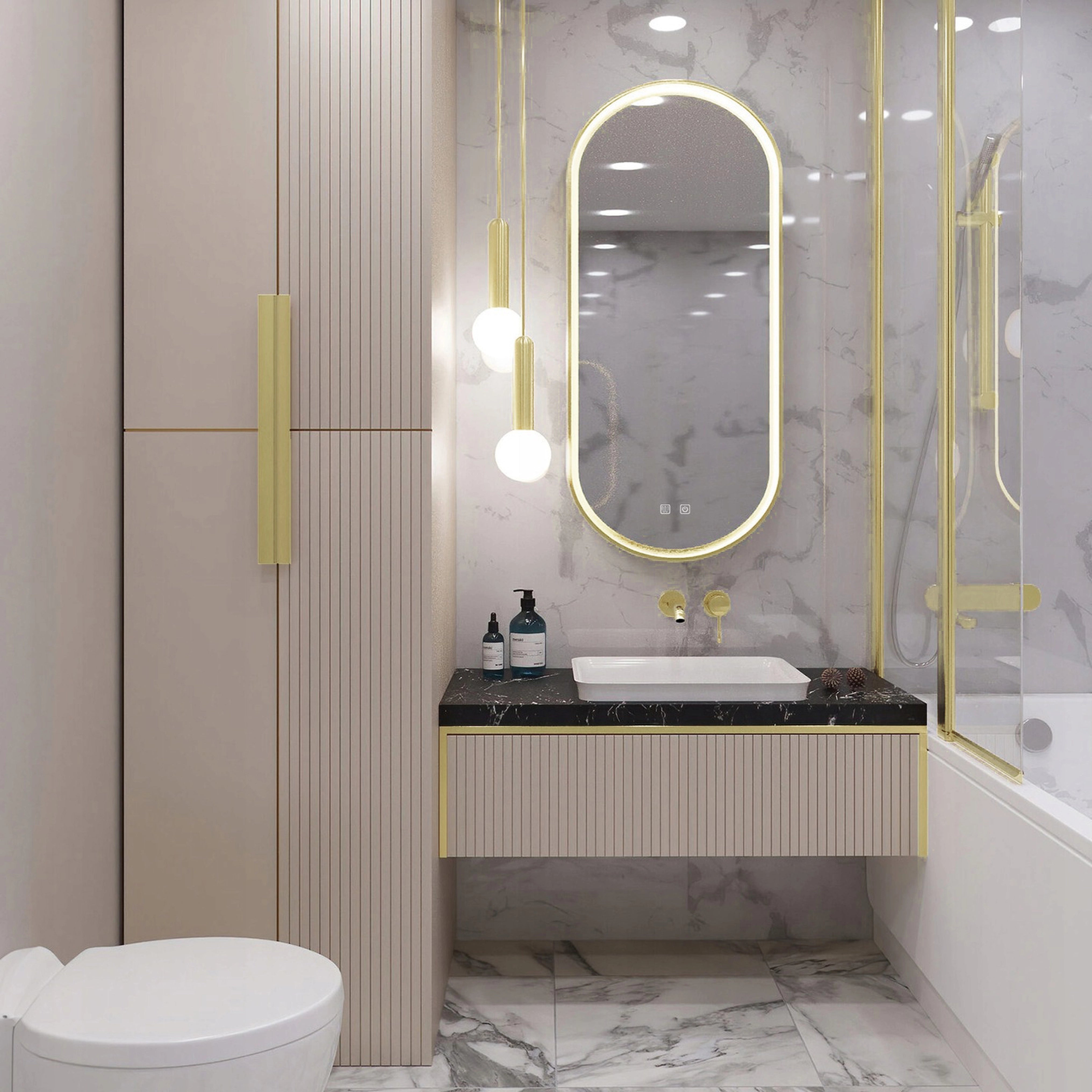 Oglinda de perete cu LED Ovl Auriu - 50x100 cm