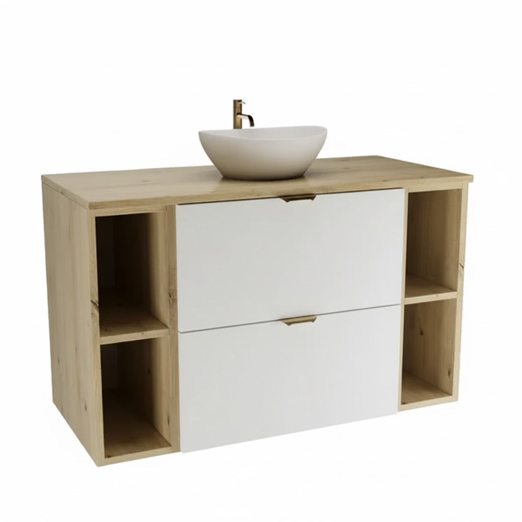 Dulap pentru lavoar 100 cm cu 2 rafturi, fronturi netede Orio - Alb/Stejar artizanal
