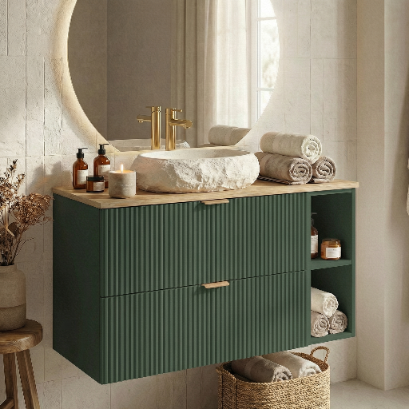 Set de mobilier: Dulap pentru lavoar cu raft 100 cm cu oglindă cu LED-uri Willy - Verde/Nuc top