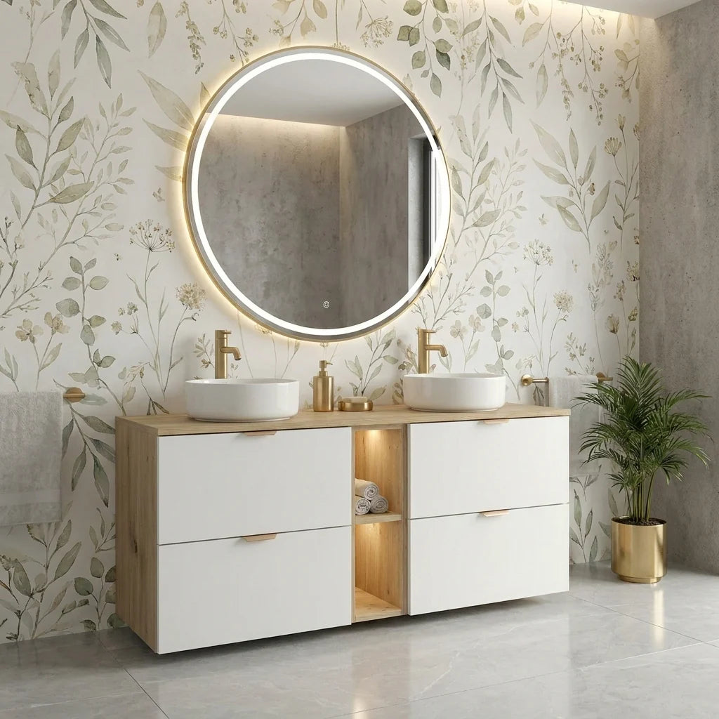 Dulap pentru lavoar 140 cm, cu raft, fronturi netede Orio - Alb/Stejar artizanal