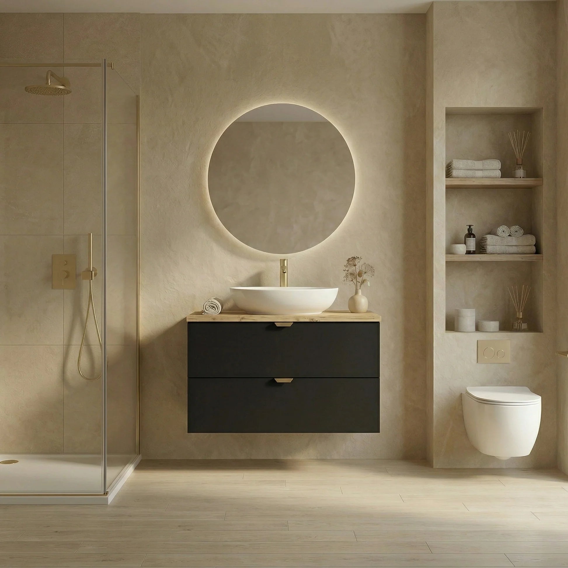 Dulap pentru lavoar 80 cm cu 2 sertare, fronturi netede Orio - Negru/Stejar Artizanal