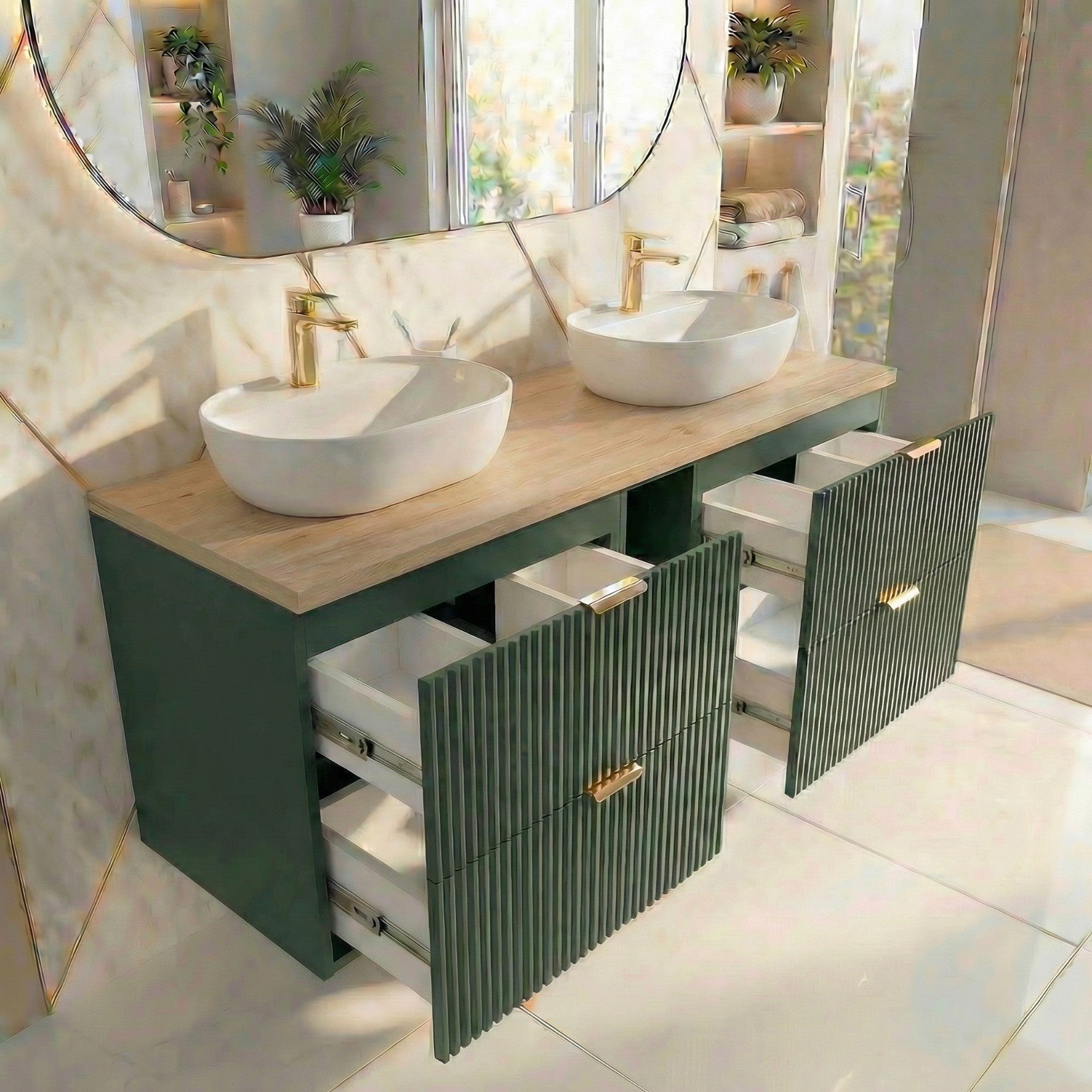 Set de mobilier: Dulap pentru lavoar cu raft 140 cm, 4 sertare Willy - Verde/Nuc top