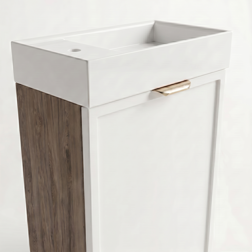 Dulap de baie 40 cm, cu chiuveta, fronturi cu rama decorativa Roma - Alb/Nuc inchis