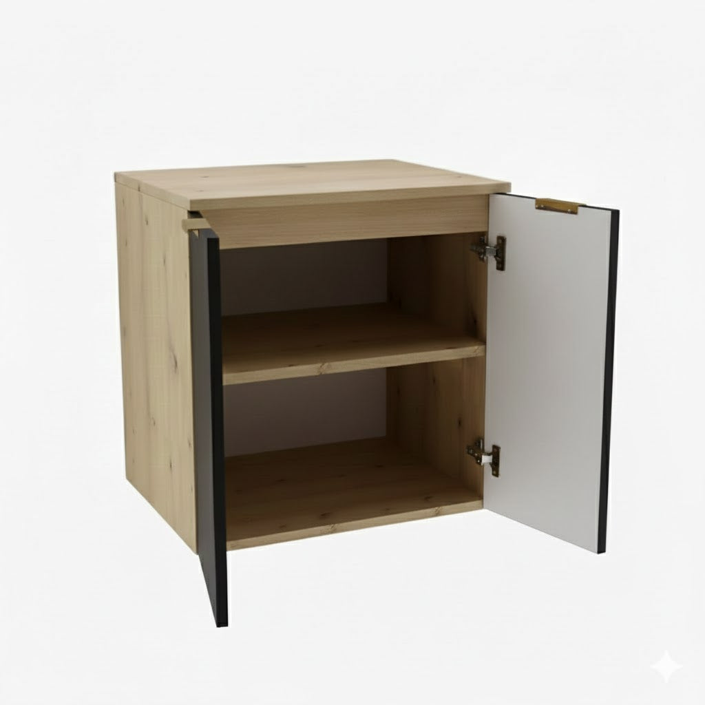 Dulap pentru lavoar 60 cm cu 2 usi, fronturi netede Orio - Negru/Stejar artizanal