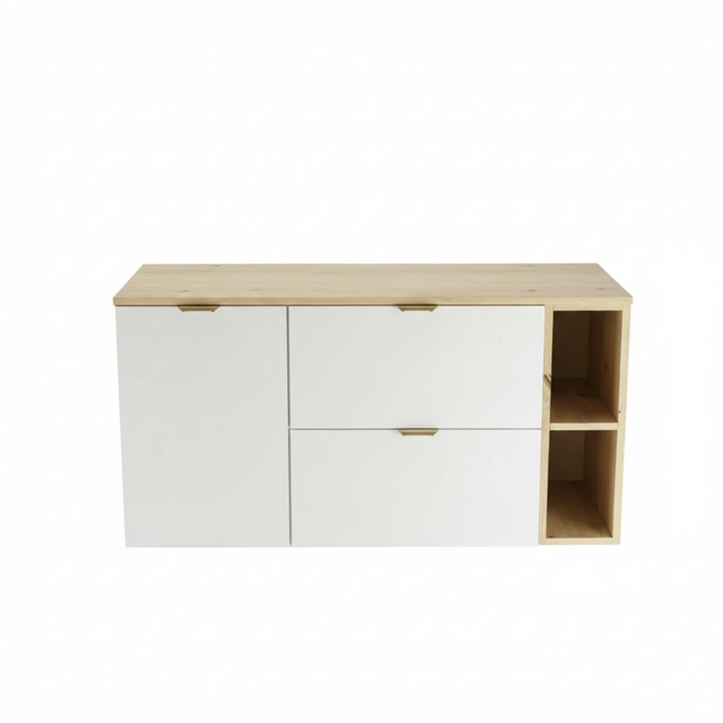 Dulap pentru lavoar 120 cm cu cos de rufe, cu raft, fronturi netede Orio - Alb/Stejar artizanal